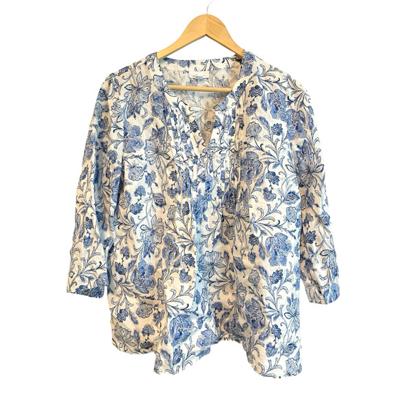 J Jill Linen Top Womens Small Pintucked Tunic Blue Floral Relaxed Cottagecore - Picture 2 of 10